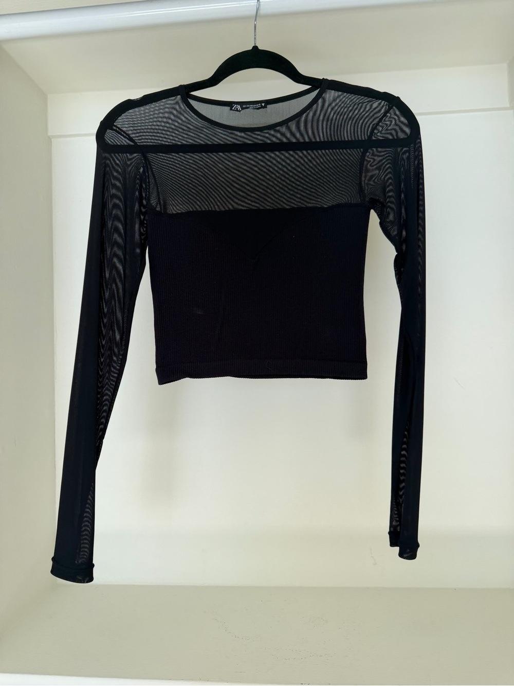 Zara Black Long-Sleeve Mesh Panel Crop Top